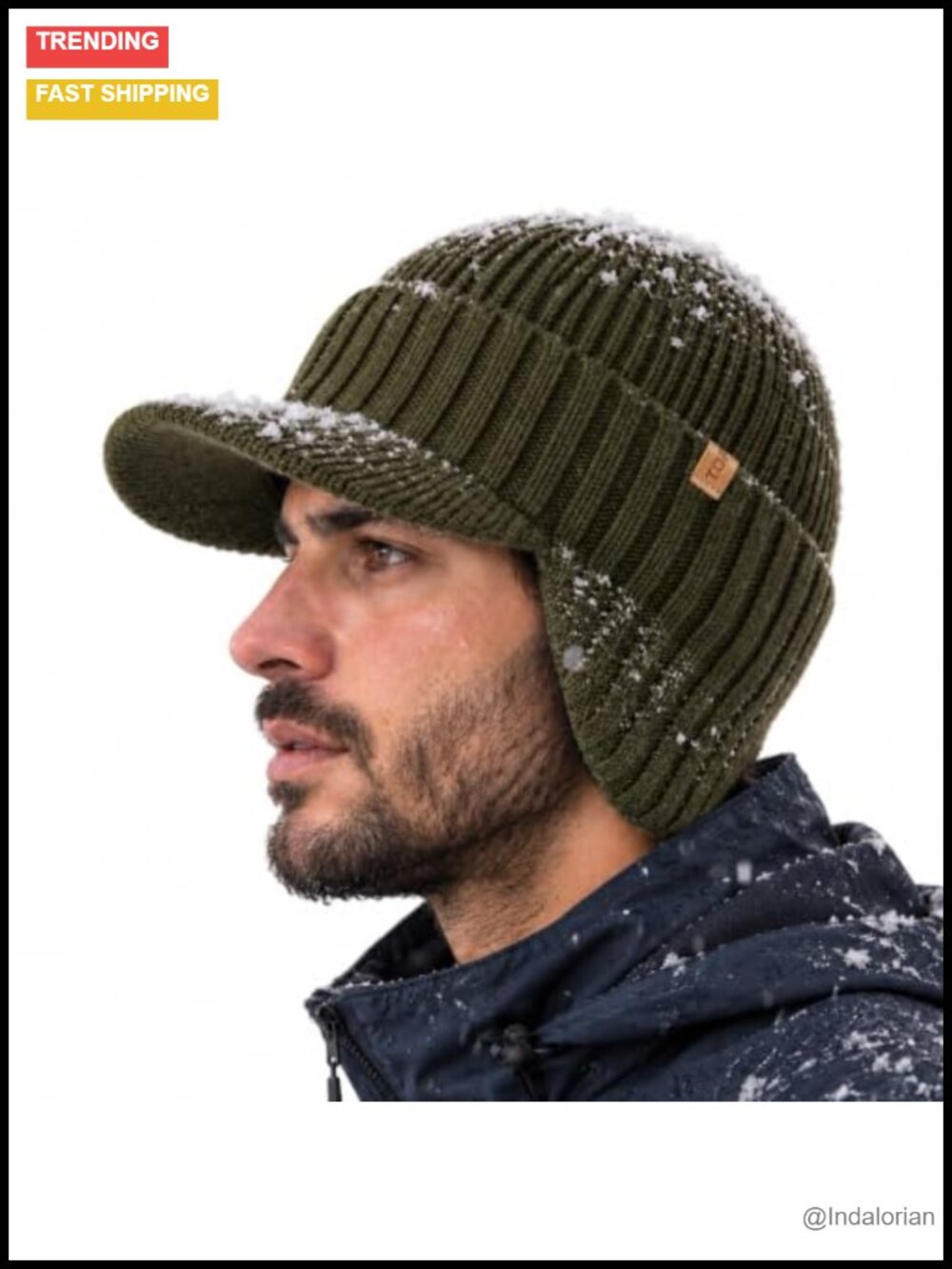 Men's Merino Wool Waterproof Winter Beanie Brim Ear Flaps